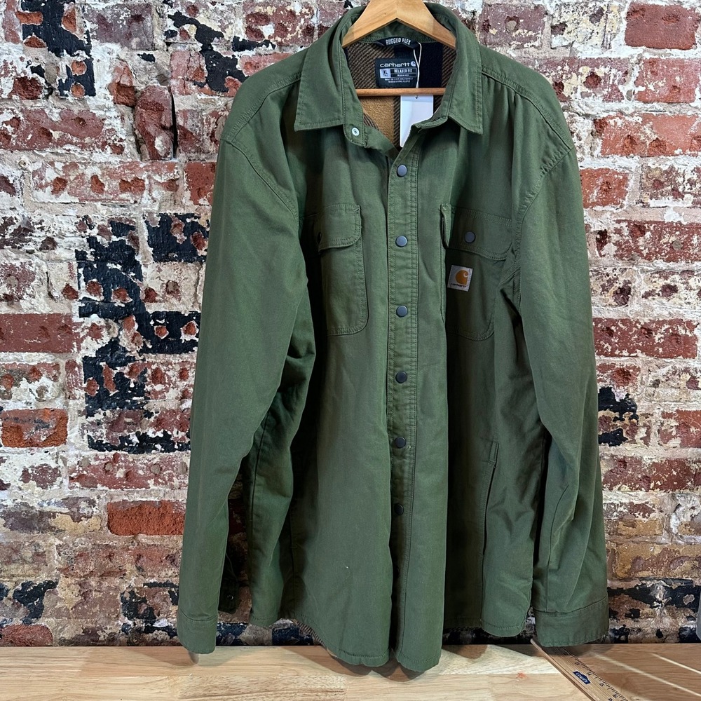 Carhartt Jacket Mens XL Tall Green Flannel Lined Snap Front Workwear Shacket